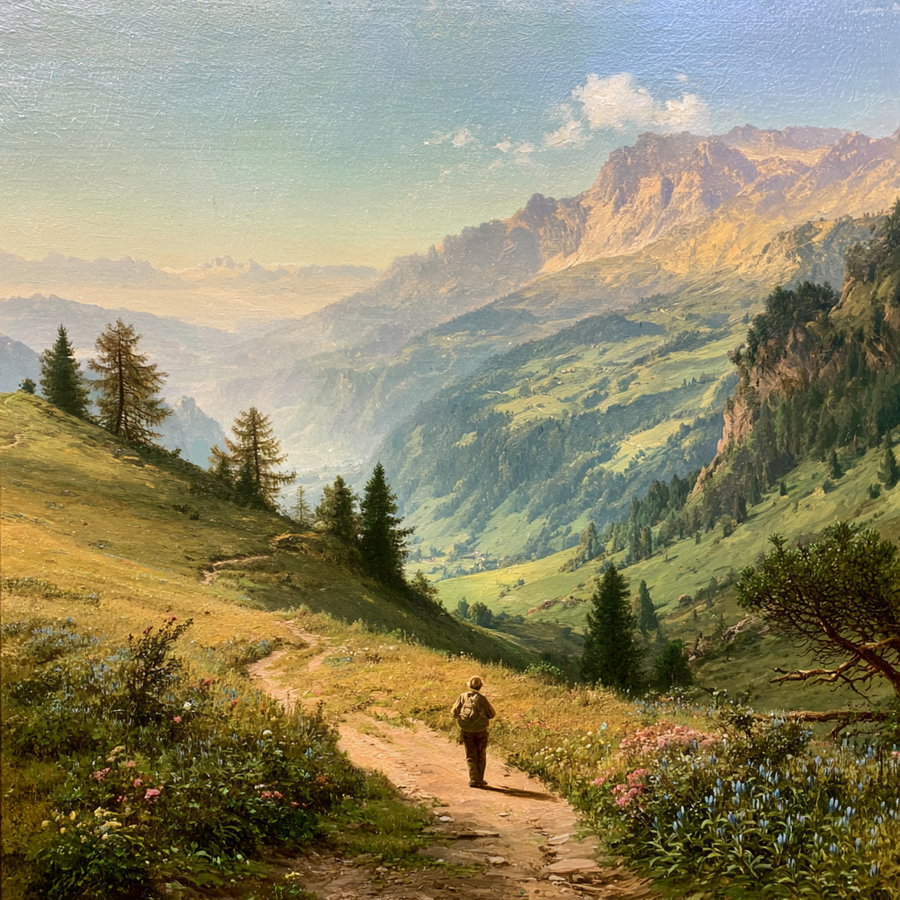 A narrow mountain path winding through a vast Alpine landscape with blooming meadows, solitary trees, and distant peaks bathed in golden morning light.