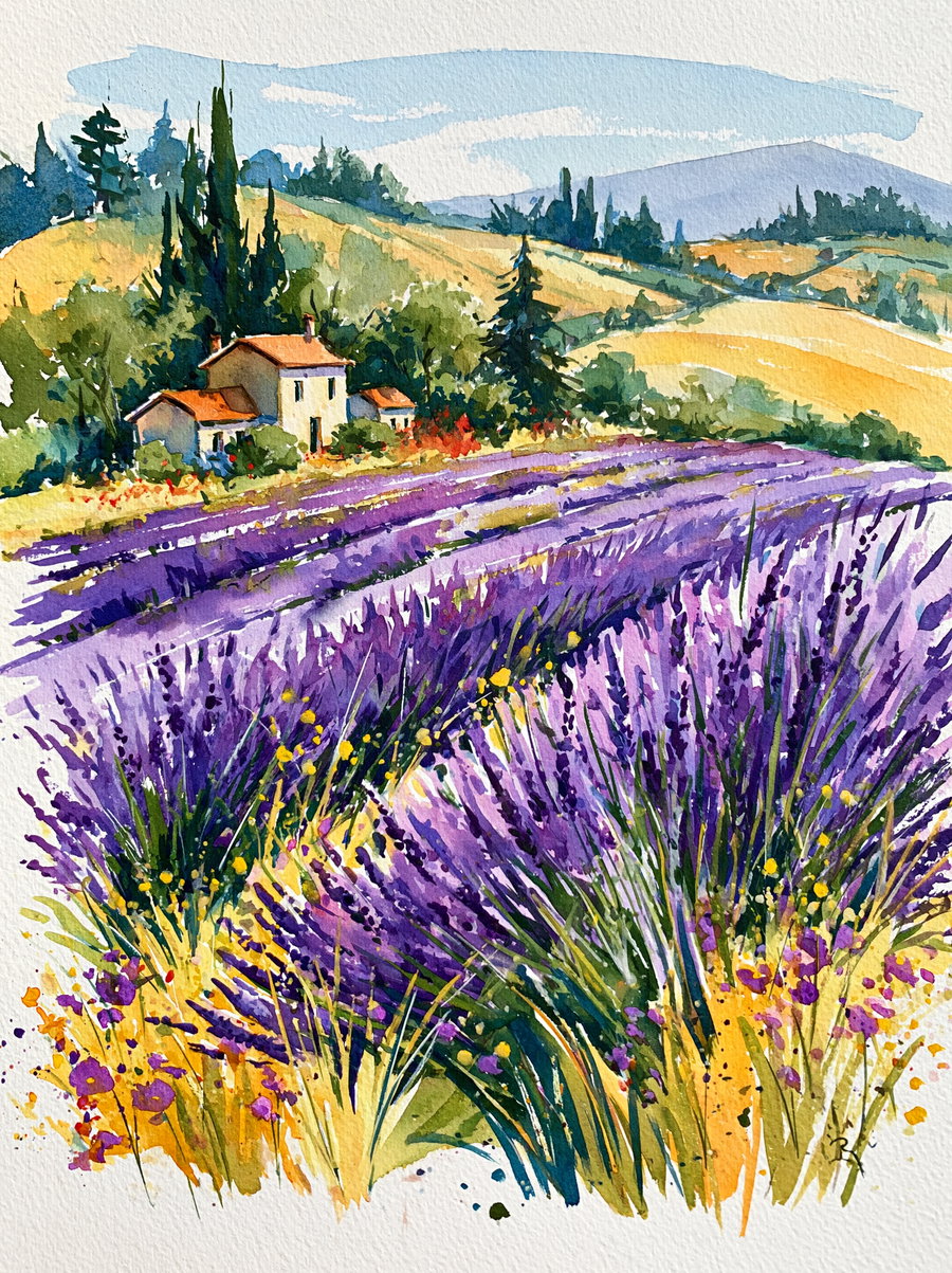 A loose watercolor painting of lavender fields in bloom, with a farmhouse in the background, rolling hills, and a serene sky.