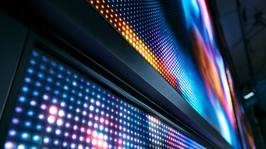 Close-up of vibrant LED display screen with colorful lights and patterns.