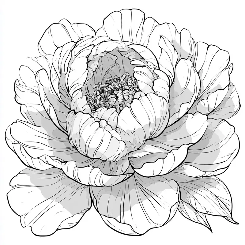 Line Art Peony Flower in Black and White on White Background