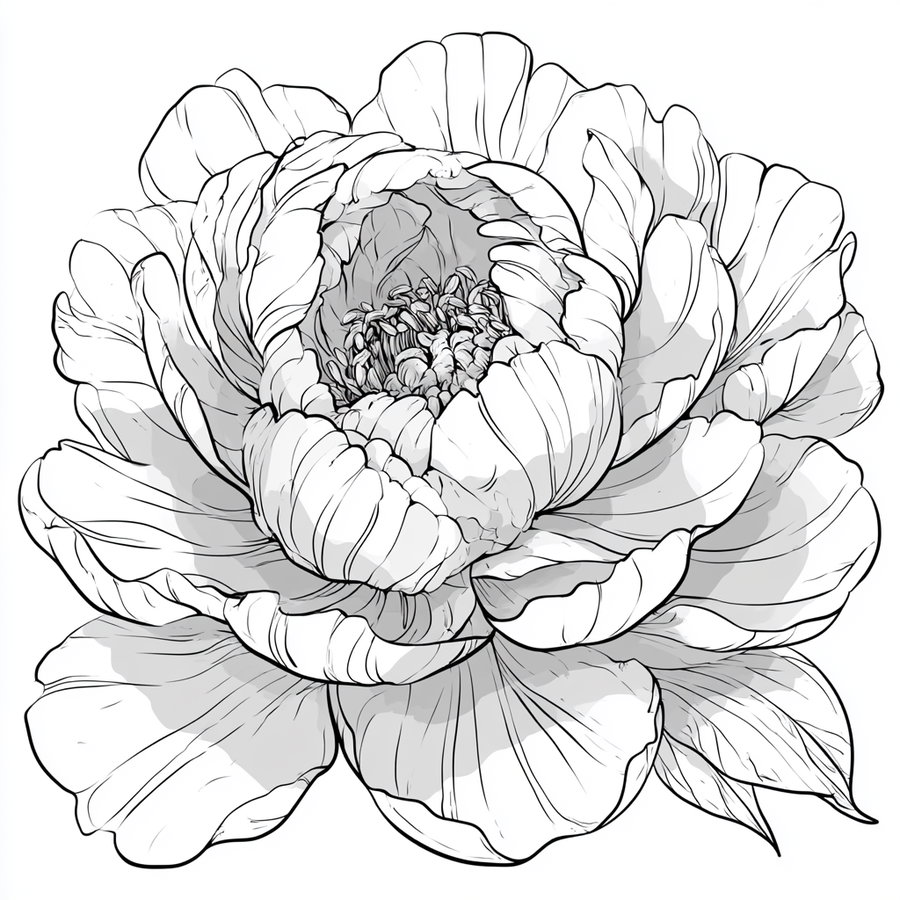 A detailed line art illustration of a peony flower, showcasing its intricate petals and leaves in black on a plain white background.