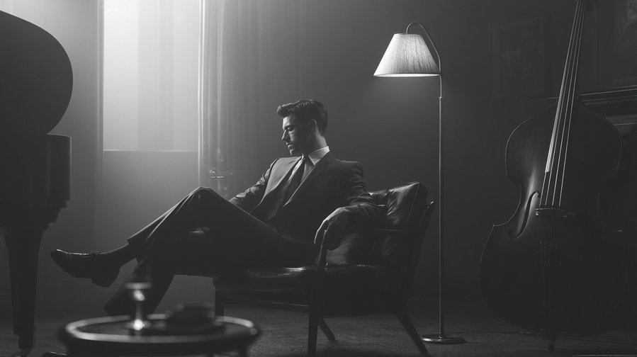 A man in a suit sits calmly in a stylish leather chair, surrounded by soft lighting, a lamp, and a double bass, evoking a luxurious jazz club ambiance.