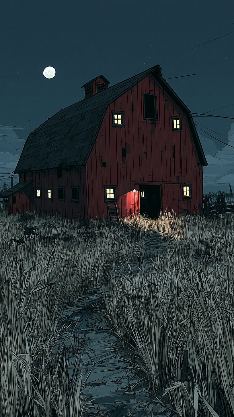 A red barn at night with glowing windows, surrounded by tall grass and a full moon in the sky.