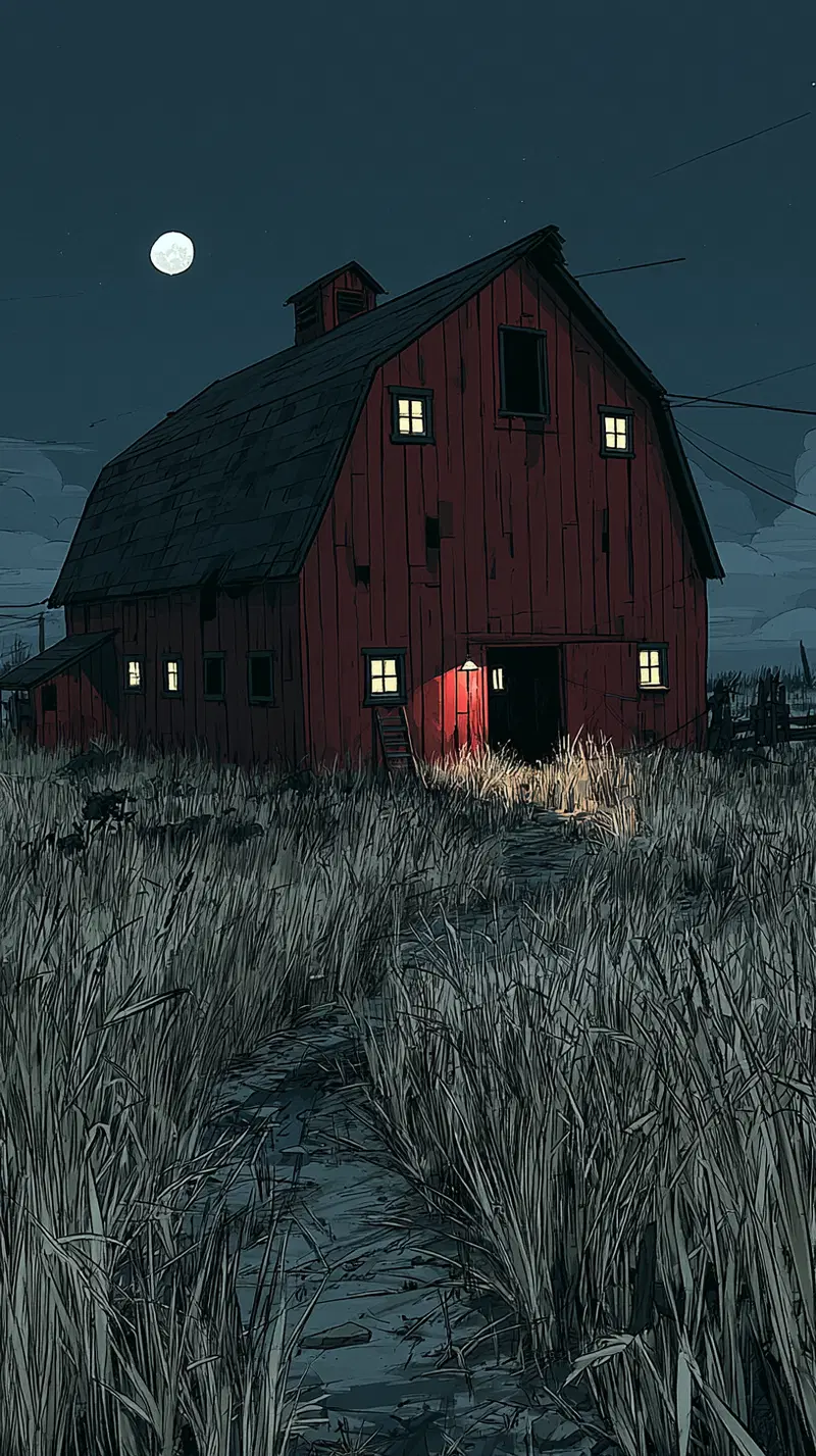 A Cozy Barn Under the Moonlight with Tall Grass Surrounding It