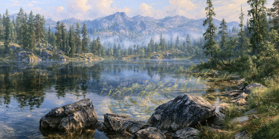 A serene Nordic lake reflecting mountains and pine trees, with rocks and reeds in the foreground.