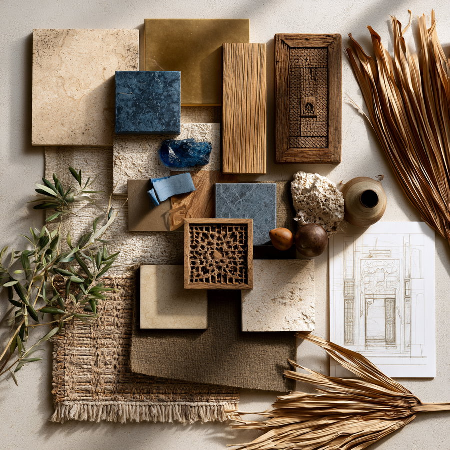 Curated flat lay of natural materials including limestone, aged brass, teak wood, linen, and handmade ceramics, arranged with olive branches and architectural sketches.