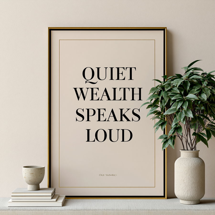 A minimalistic wall art print with black serif typography on a warm ivory background, framed in gold, displayed next to a potted plant on a neutral surface.