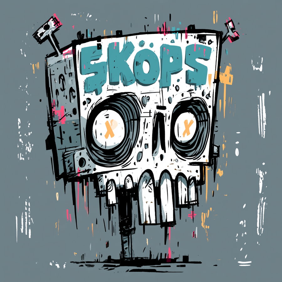 A digital skull with a robotic aesthetic, featuring bold blue letters and abstract colorful patterns against a gray background.
