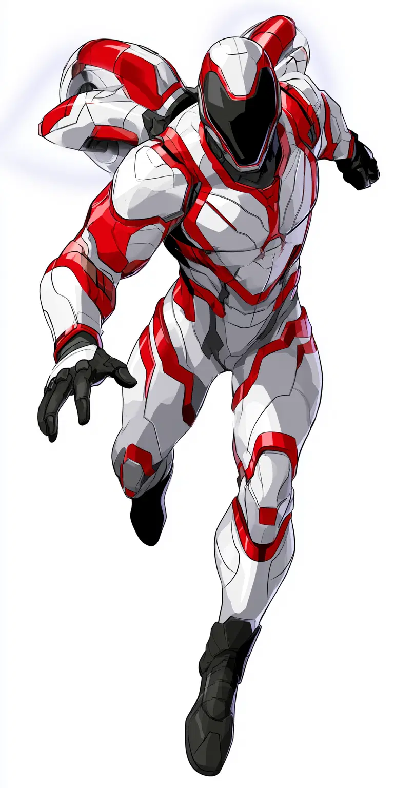 Dynamic Superhero in Polished Power Armor Against White Background