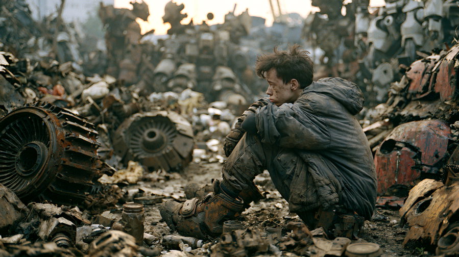 A man sitting on the ground in a mechanic yard filled with broken robot parts and metal debris, looking contemplative and dirty, with a dystopian atmosphere.