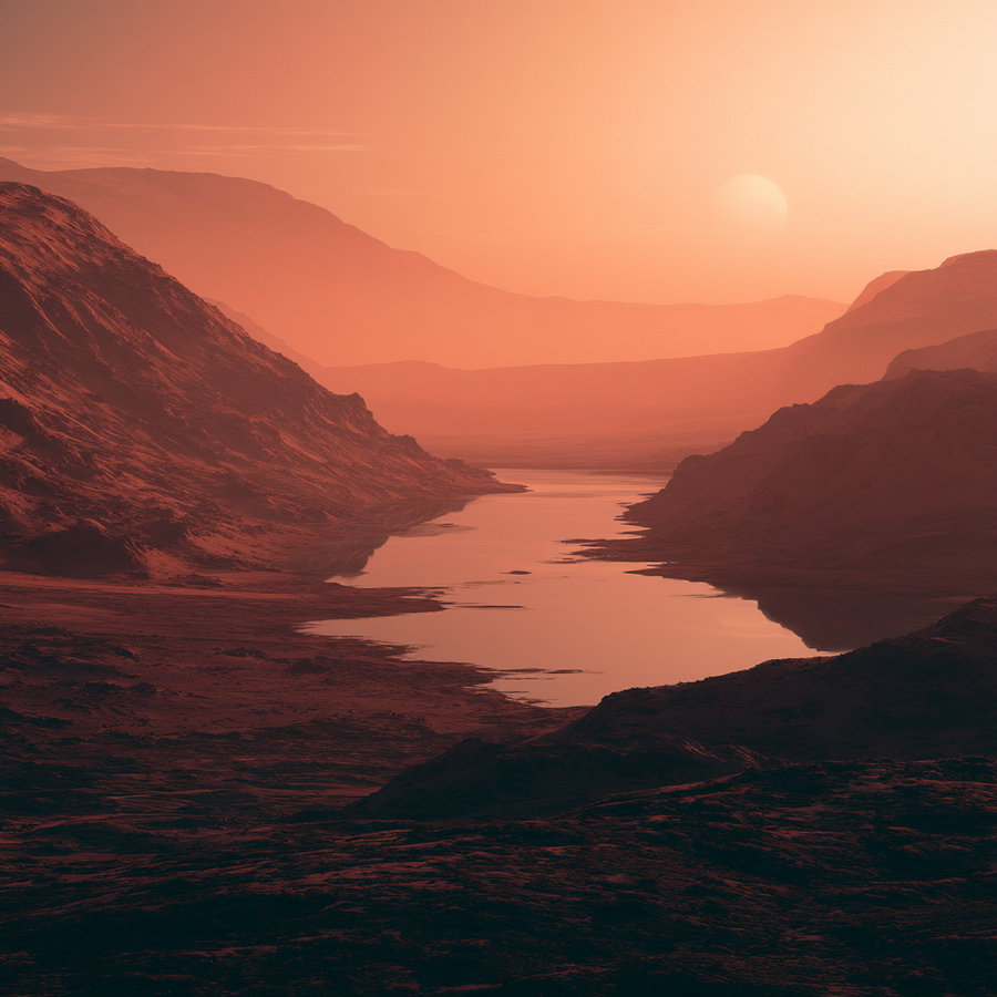 A red, rocky landscape on Mars with mountains and a river reflecting the sunset.