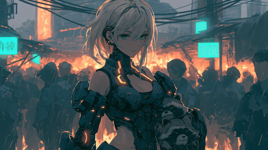 A mature anime woman with blonde hair and green eyes wearing dark mech armor, holding a tanuki, standing confidently in a rain-soaked cyberpunk market, with blurred crowds and teal neon signs in the background.