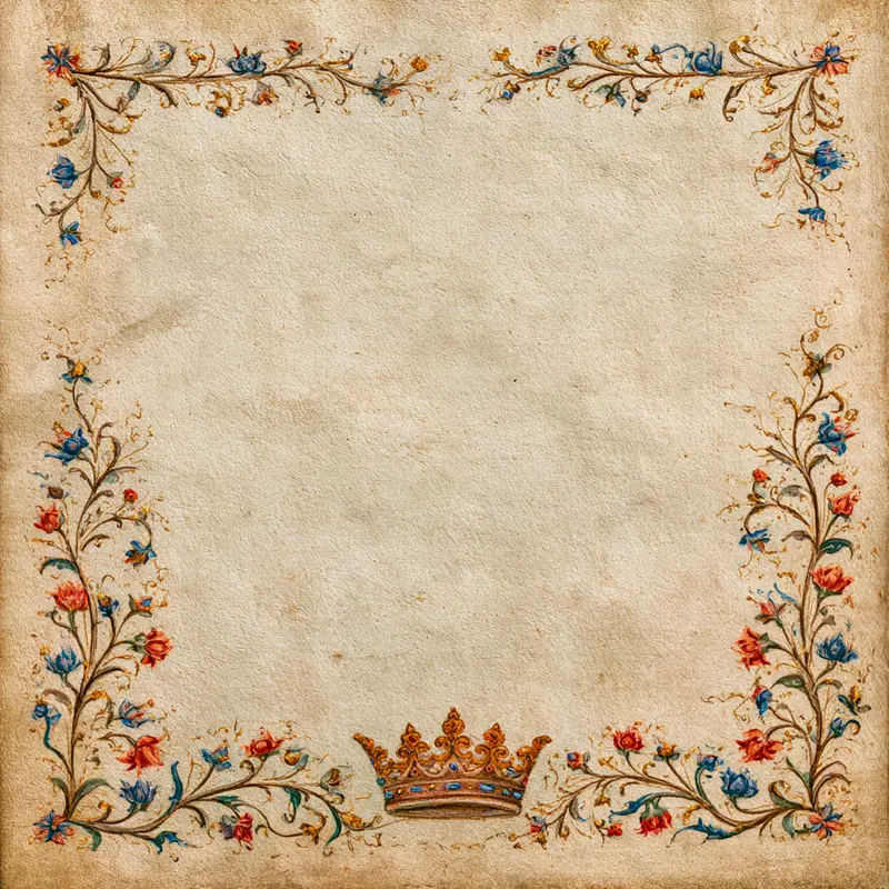 Elegant Medieval Manuscript with Floral Vines and Crown