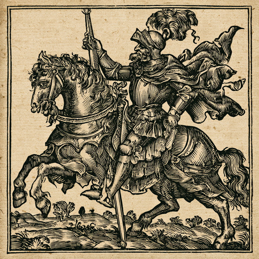 A knight in armor riding a horse, holding a spear, depicted in an engraving style with hatching on aged paper.