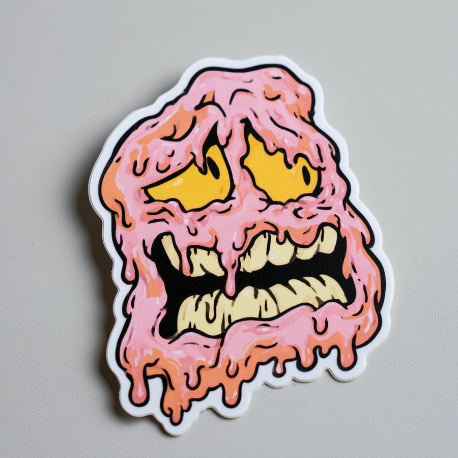 A sticker of a cartoonish face that appears melted, with pink melting features, yellow eyes, and a sad mouth.