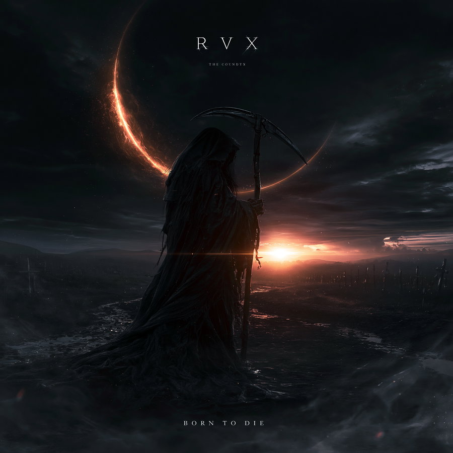 A dark, hooded figure representing the Grim Reaper stands with a scythe against a glowing sunset, with a dramatic sky and landscape of hills and shadows.