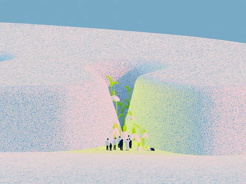 An Intricate Ice Island with Green Sprouts and Snowdrop Flowers