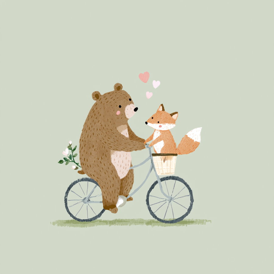 A cute brown bear riding a bicycle with a fox sitting in a basket, surrounded by hearts, on a light green background.
