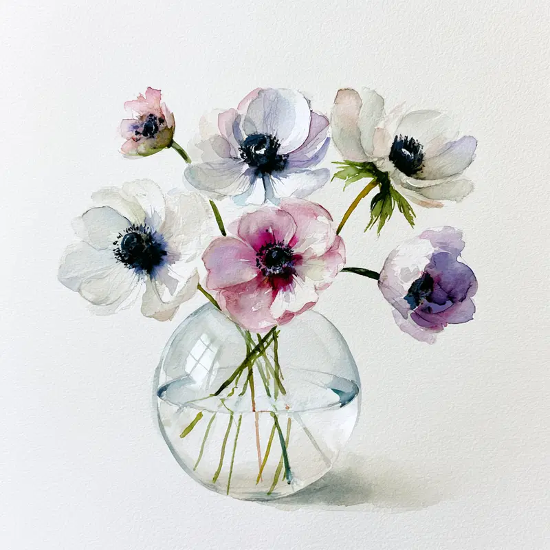 Minimalist Watercolour Sketch of Anemone Flowers in a Round Vase