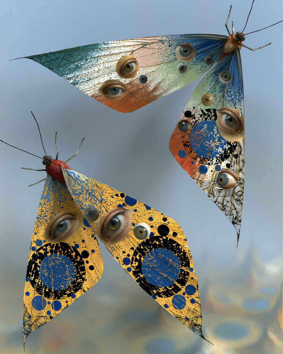 Three intricate butterflies with human eyes in their wings, flying over a light blue sky and mythical mountains with ponds.