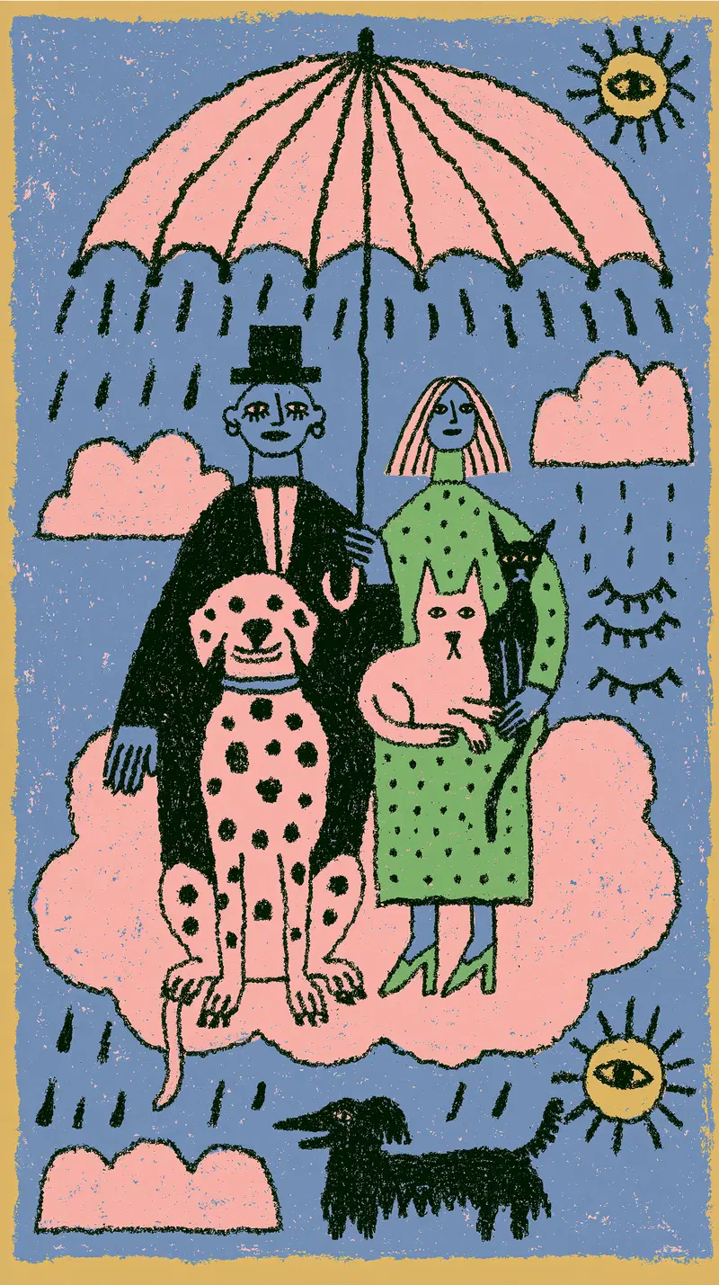 Illustration of an Artist Couple with Pets Under an Umbrella