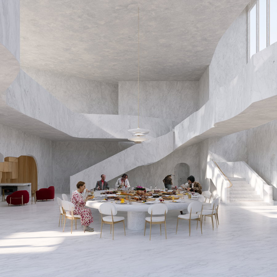 A spacious, modern living room featuring an elliptical table surrounded by people enjoying food. The interior has fluid architectural designs with non-flat ceilings and elegant staircase transitions.