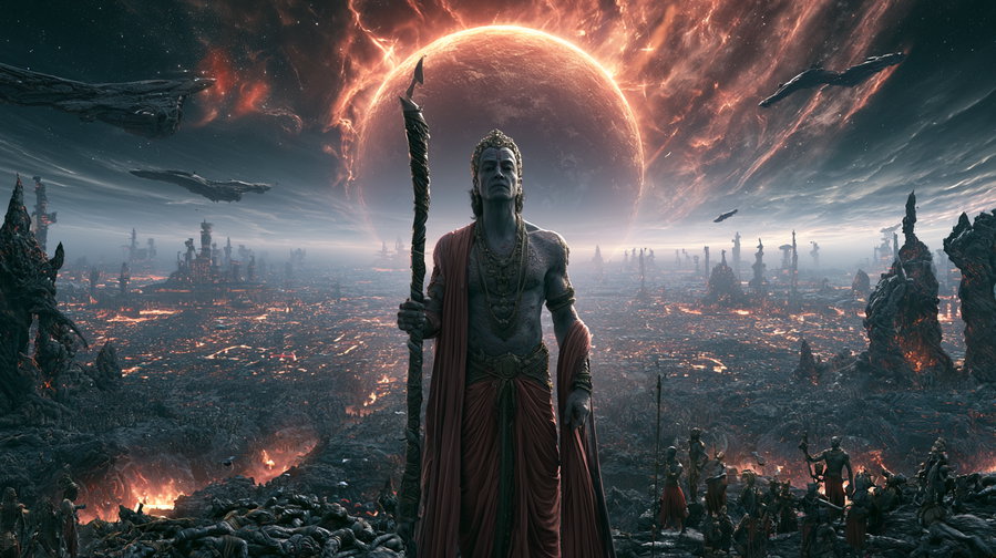 A futuristic landscape featuring a character reminiscent of a deity holding a staff, with a sprawling sci-fi cityscape and a large celestial body in the background.