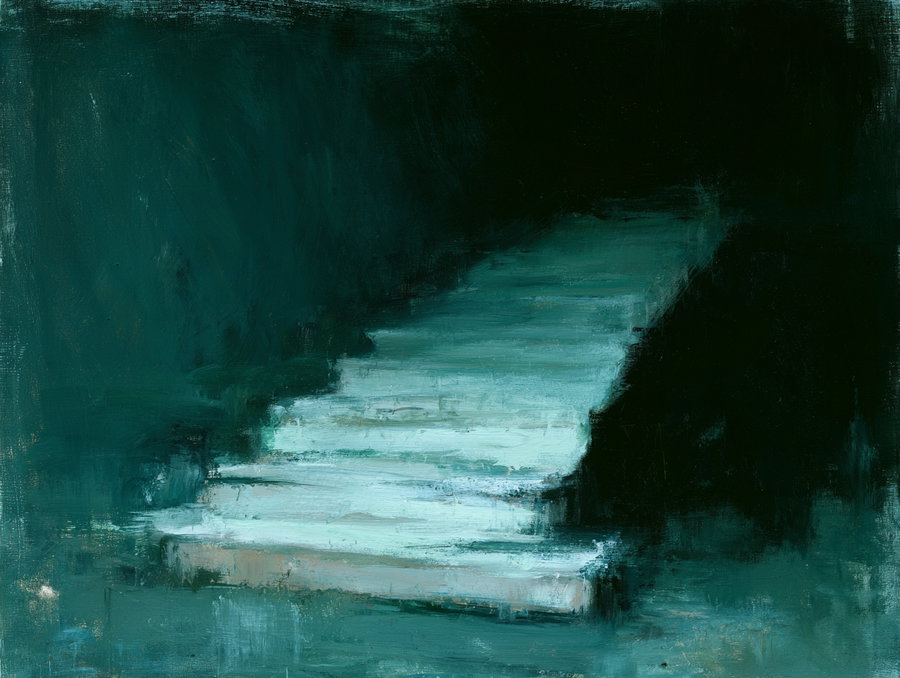 An abstract depiction of a staircase fading into darkness, with soft blue and green hues.