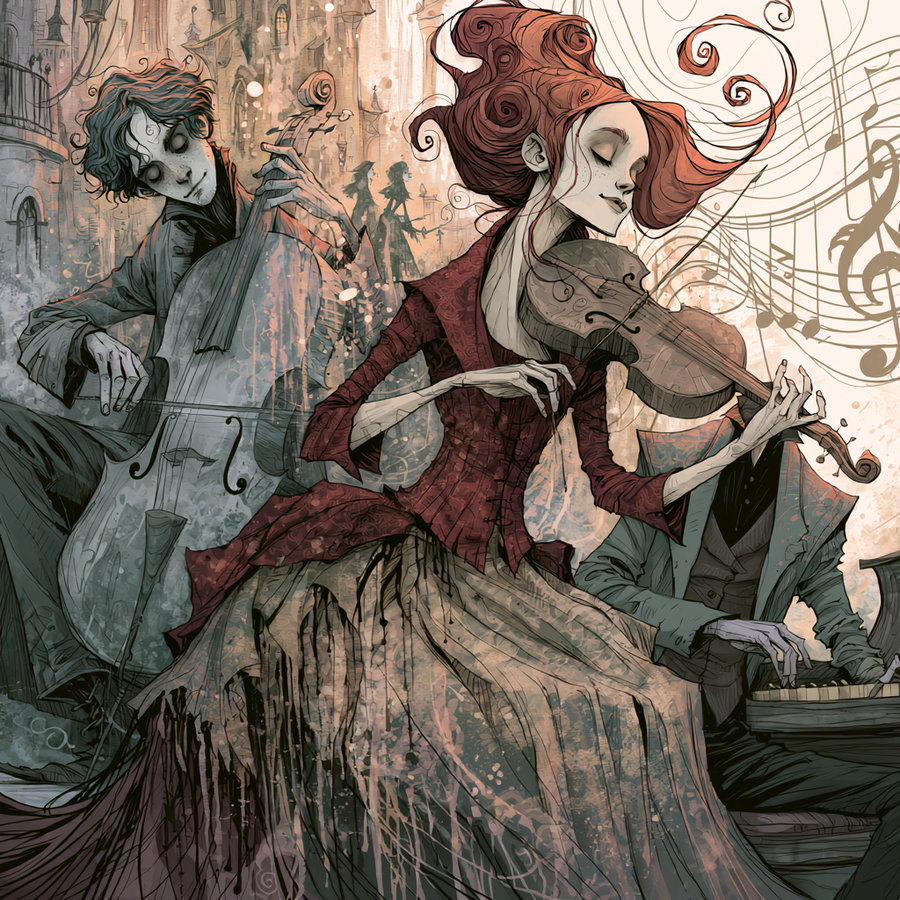 A stylized scene featuring three musicians: one playing a cello, another playing a violin, and the third playing a piano. They are dressed in elegant attire and surrounded by a whimsical, artistic backdrop with musical notes.
