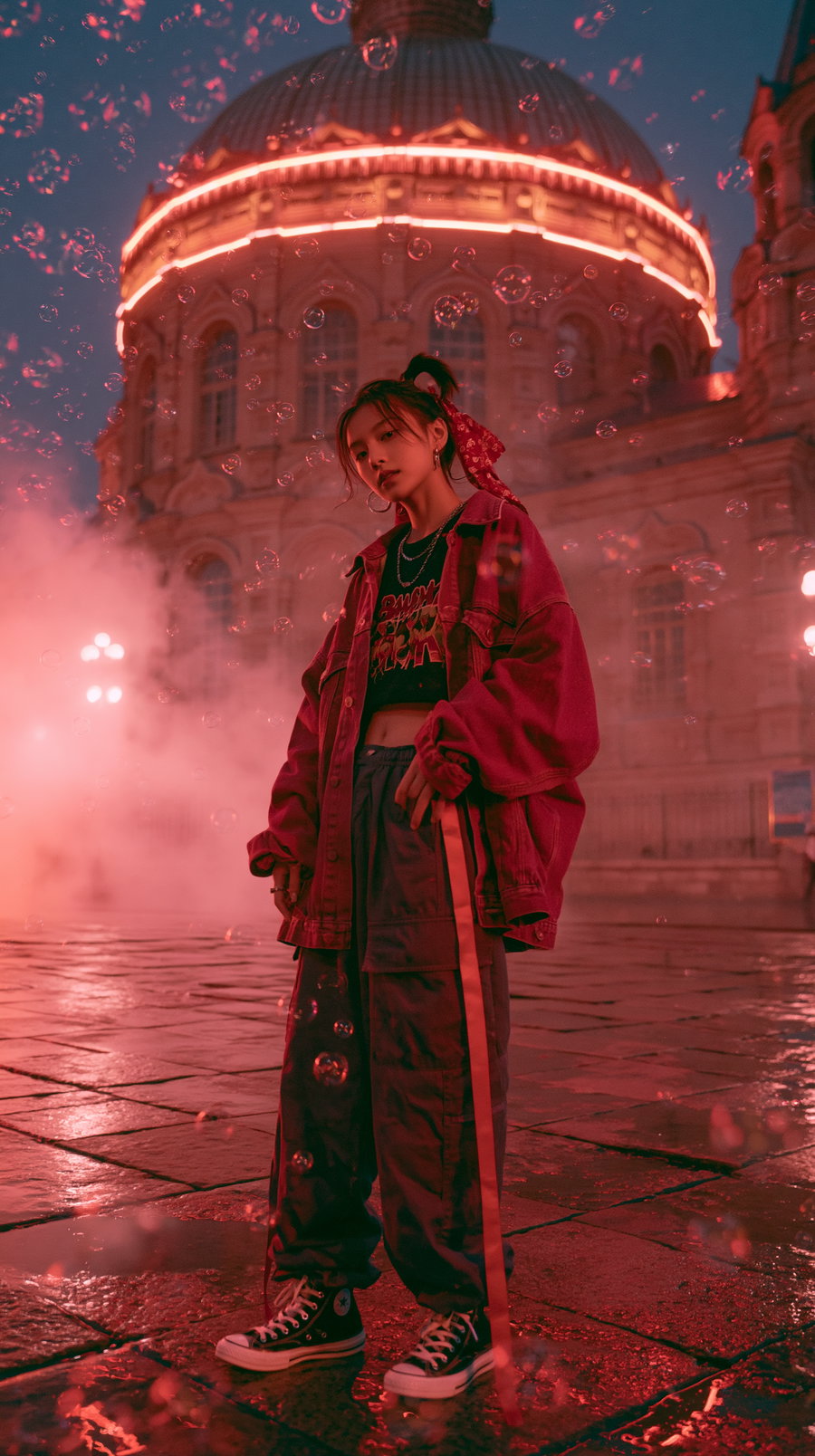 A hip-hop styled girl stands in a rain-soaked square near a church, surrounded by bubbles and soft red light.