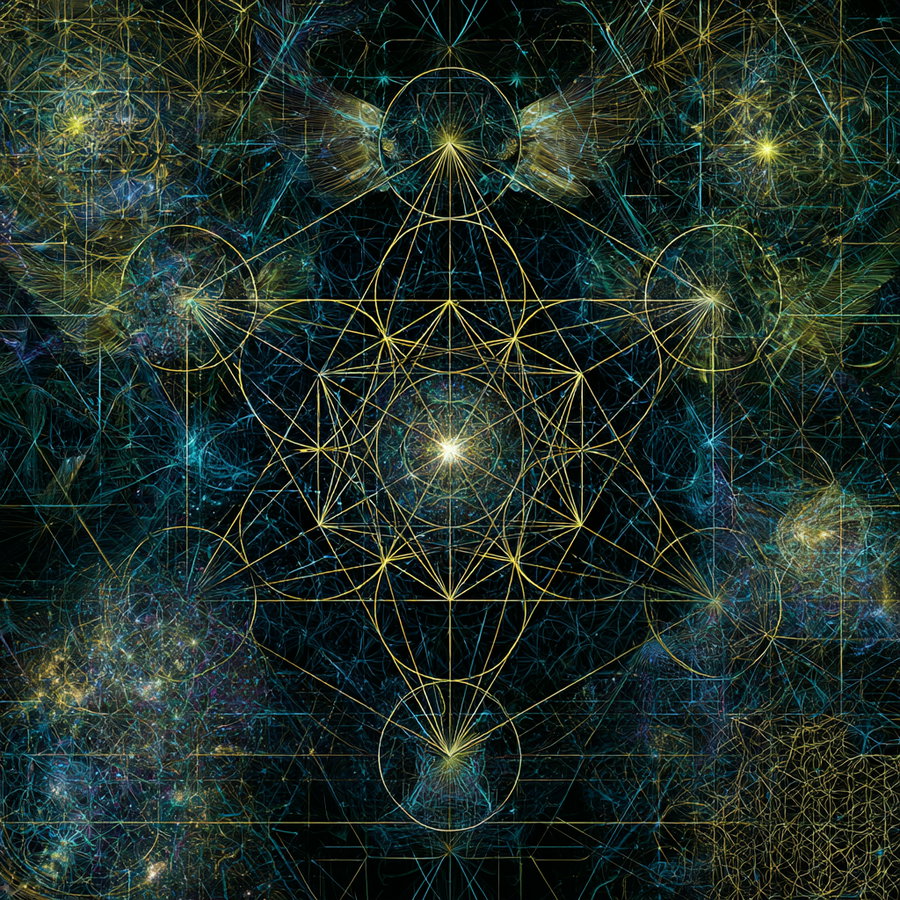 Intricate geometric patterns with glowing gold and turquoise lines on a deep black background, featuring mandalas, Metatron's cube, and angelic symbols