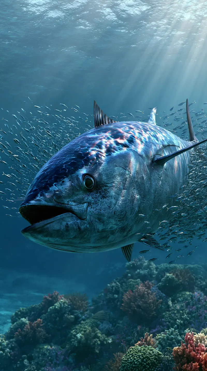 Majestic Bluefin Tuna Swimming Alongside Baitfish in Coral Reef