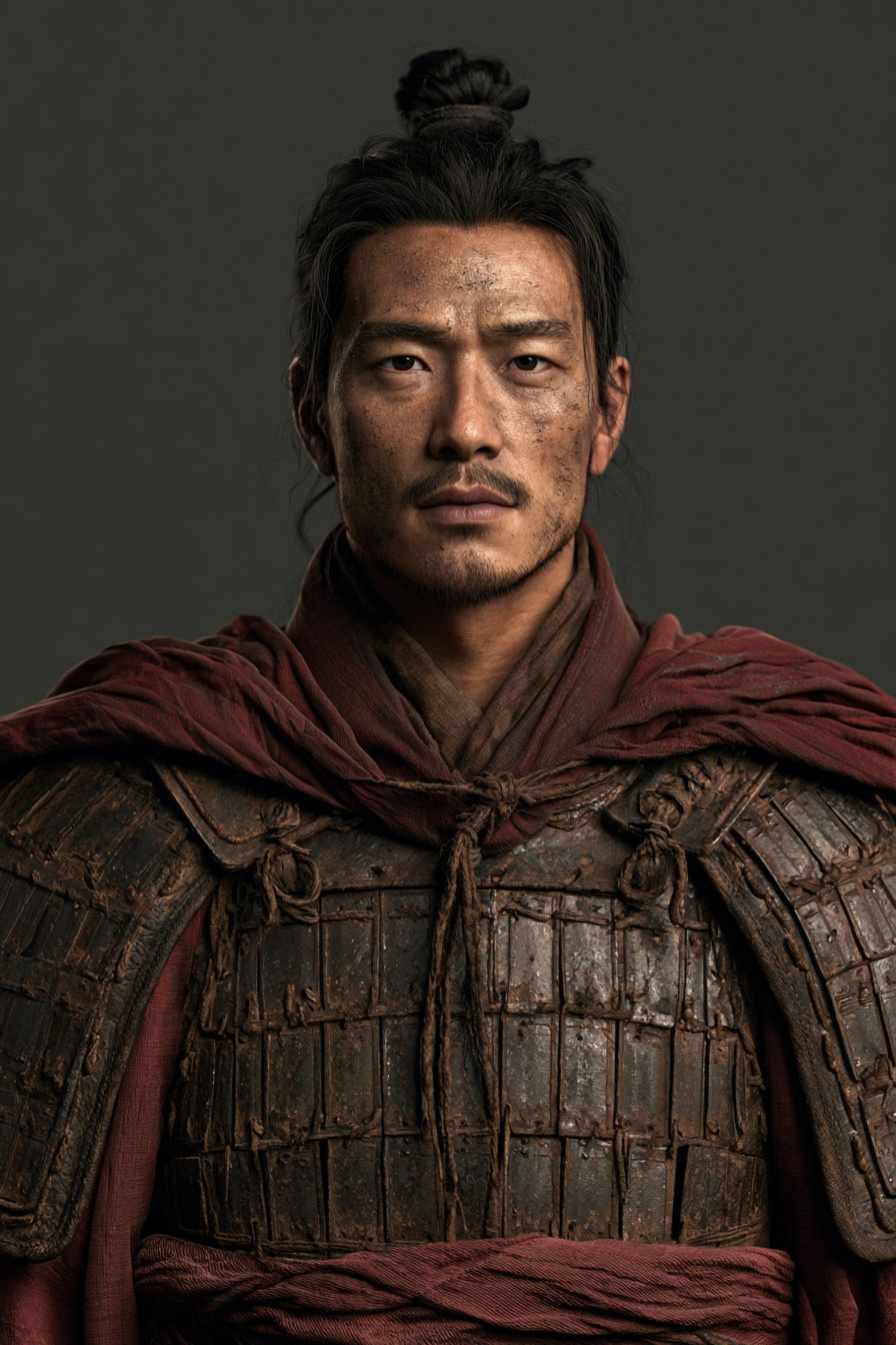 A front-facing upper body portrait of a solemn Han dynasty warrior wearing weathered lamellar armor and a crimson cloak against a plain dark background.