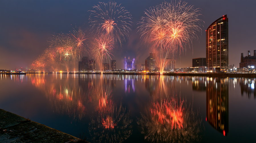 A panoramic view of a city skyline at midnight with vibrant fireworks exploding in the sky, reflected in a calm river.