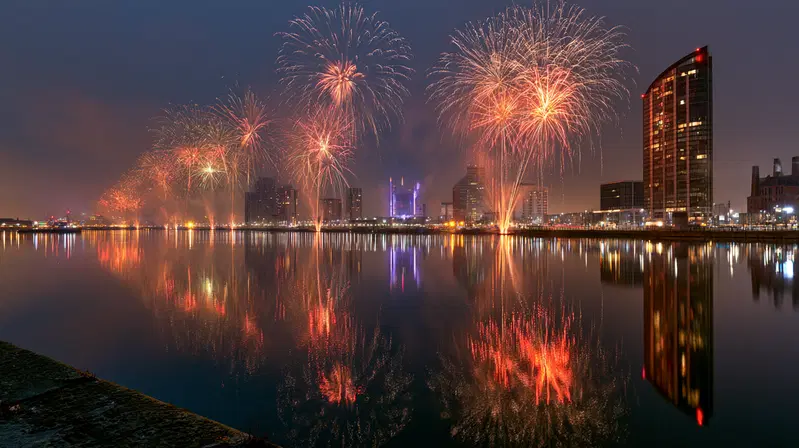 Spectacular New Year's Eve Fireworks Over City Skyline at Midnight