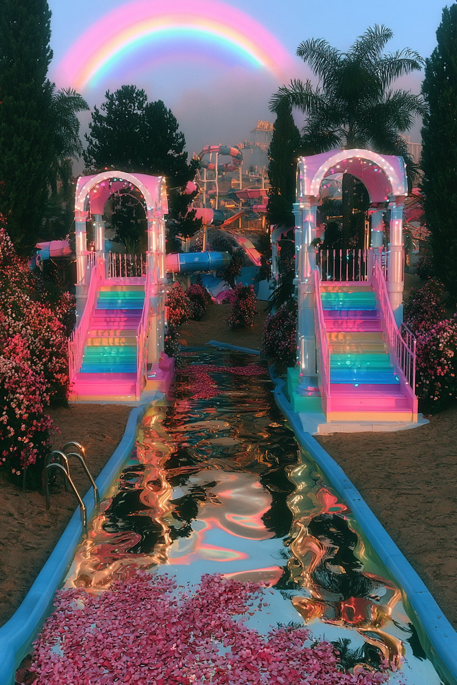 A dreamy, foggy water park scene with two brightly lit slides, pink and blue hues, a rainbow in the sky, and petals floating on water.