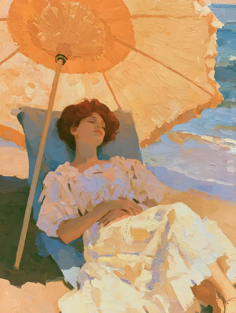 Neo-Impressionist Style Oil Painting of a Woman Relaxing at the Beach