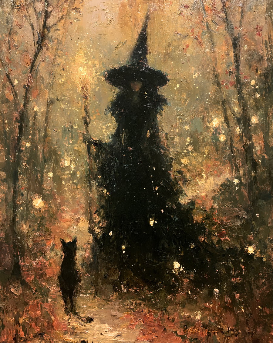 A witch in a black gown and pointy hat holding a staff stands on a trail in an autumnal forest, with a black cat beside her. The scene is filled with fallen leaves and glowing lights among the trees.
