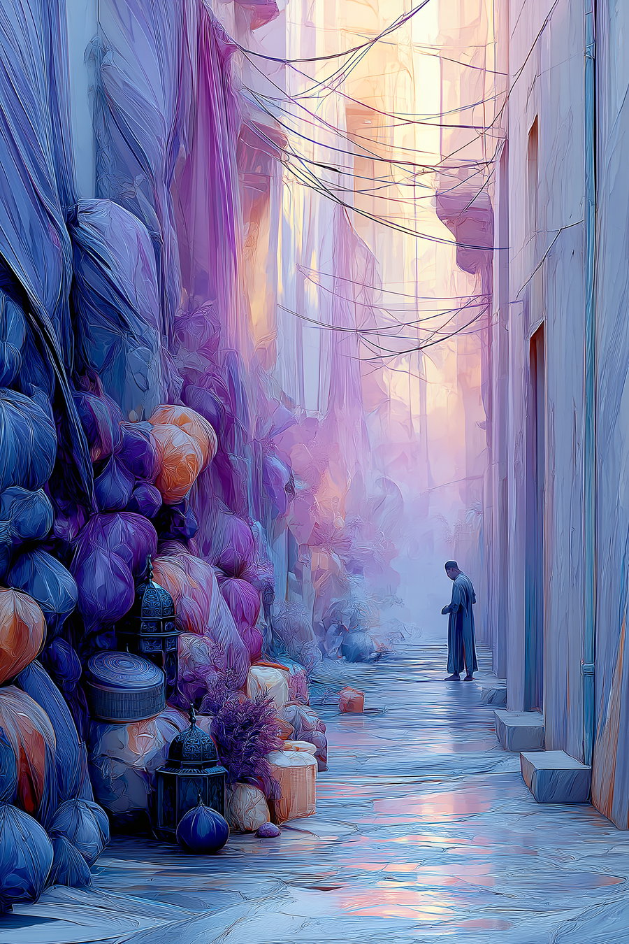 A narrow alley in an old bazar, lined with colorful fabrics and lanterns, bathed in soft twilight hues of pink and purple, with a lone figure in traditional attire.