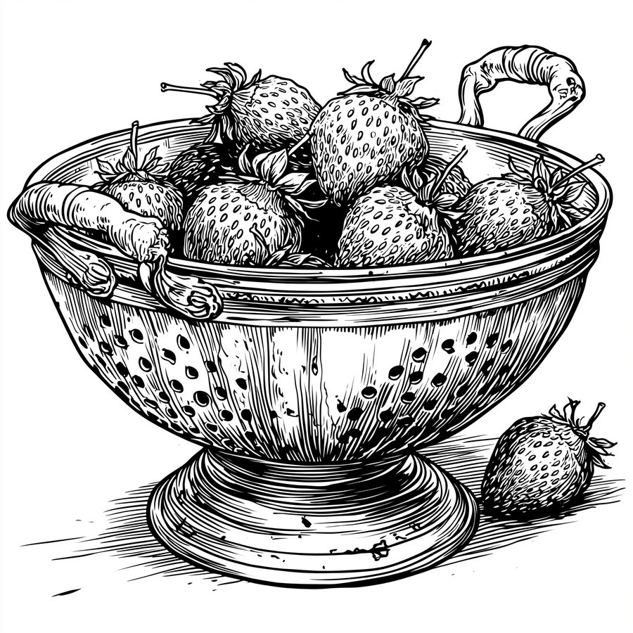 An old French ceramic colander filled with strawberries, seen from a slight angle, featuring bold thick black outlines on a white background, designed as a coloring book page.