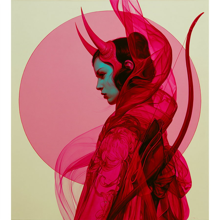 A female figure with horns, dressed in flowing red robes, with a glowing pink circle behind her.