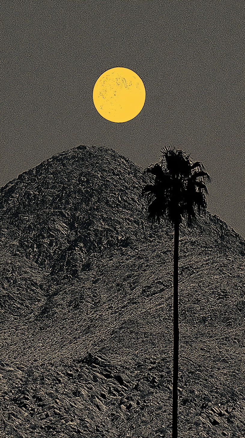A luminous orange moon hangs over a dark mountain silhouette, featuring a lone palm tree in the foreground.