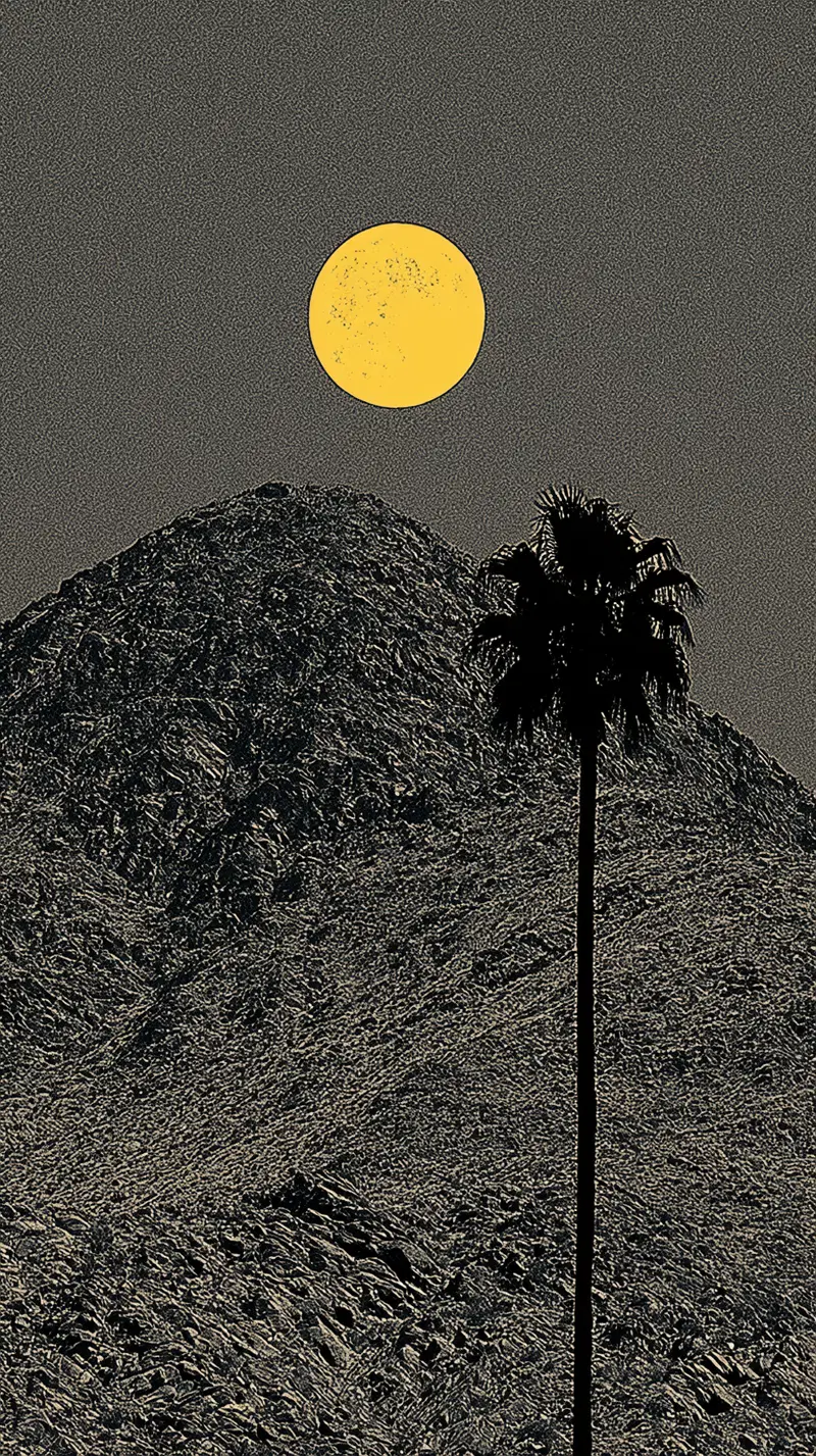 Orange Moon Over Black Mountain with Palm Tree Silhouette