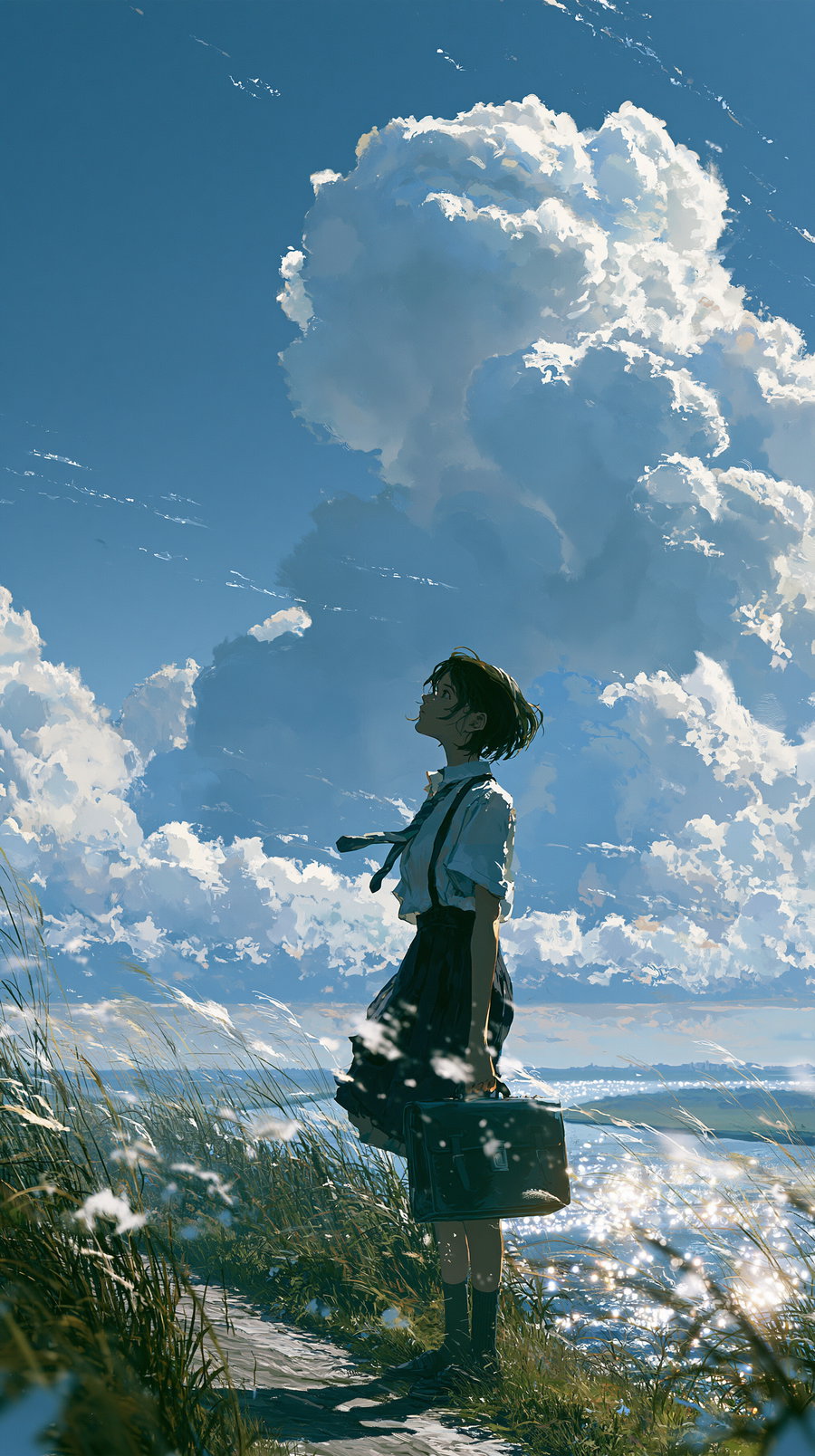 Anime girl in a school uniform standing on a grassy riverbank, looking up at bright cumulus clouds and a wide blue sky, with a sparkling river in the distance. Tall grass sways in the wind, capturing warm afternoon sunlight.