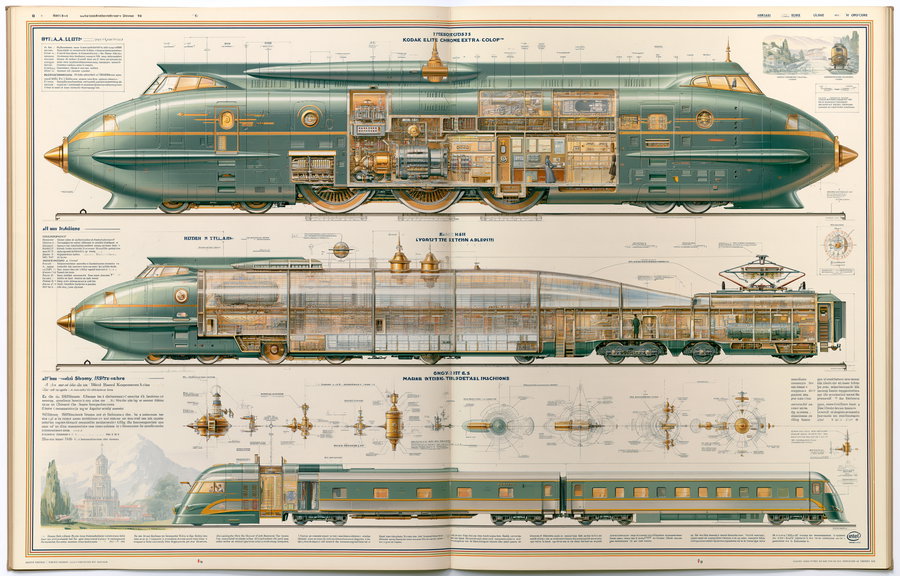 A page displaying a detailed train diagram with intricate illustrations and annotations in a retrofuturist style.