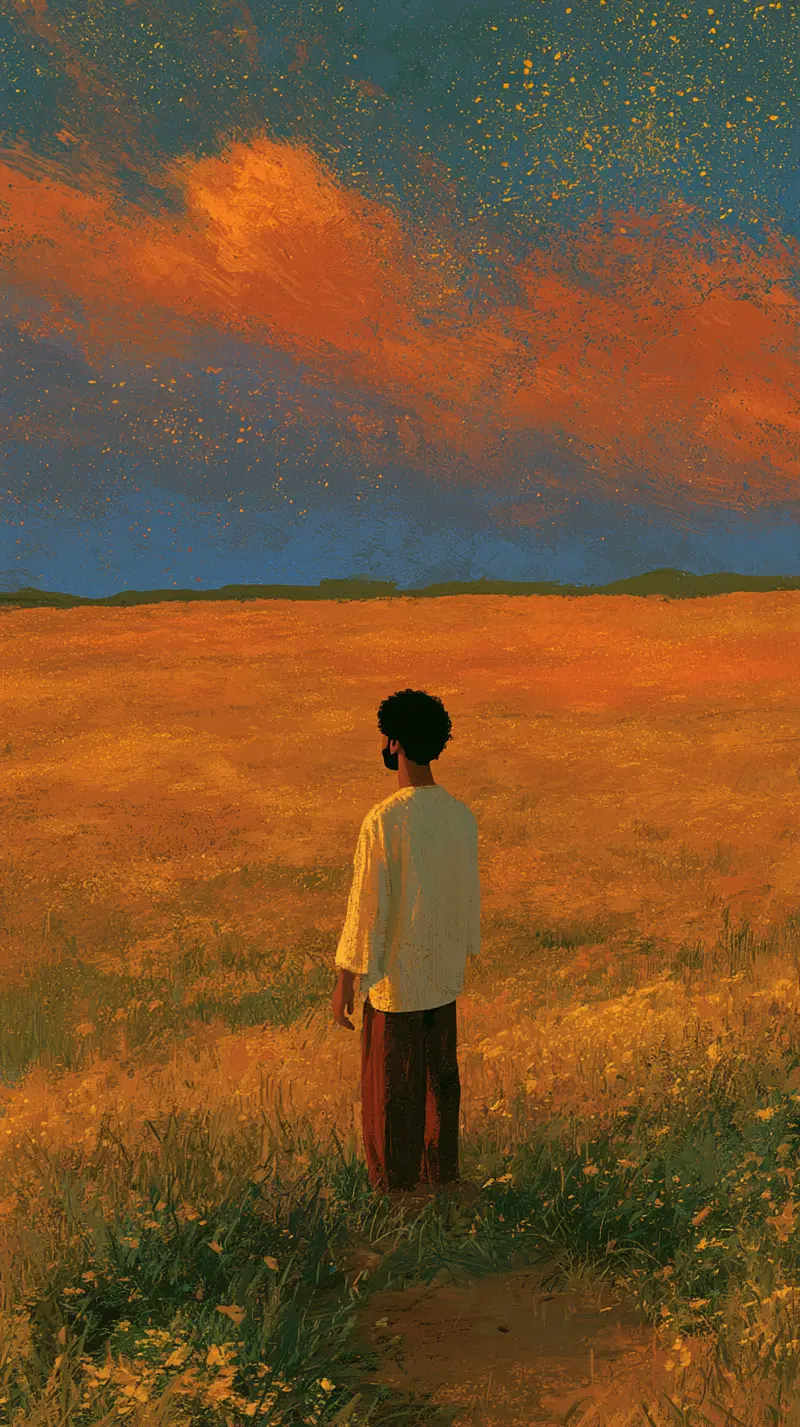 Painterly Landscape at Golden Hour with a Figure in a Jasmine Field