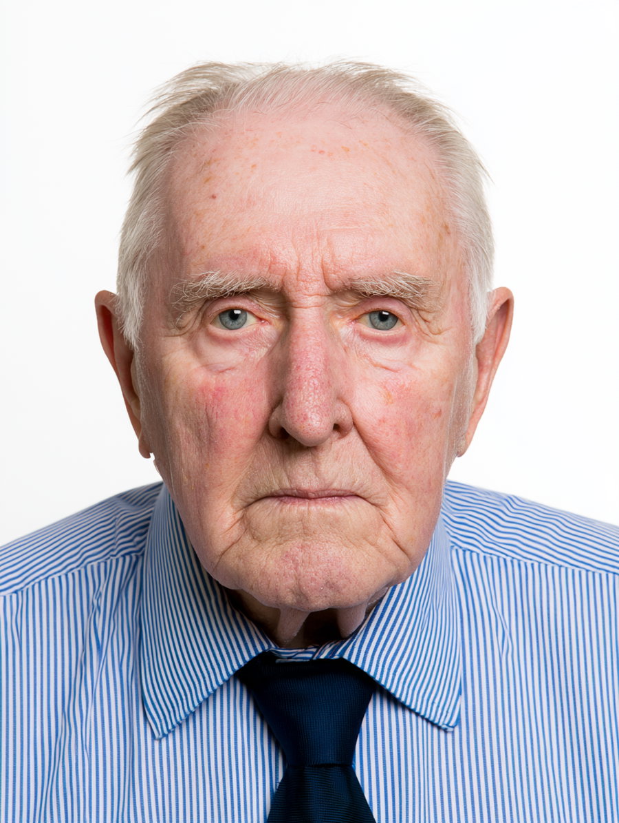 Passport photo of an elderly white male with an asymmetrical face, wearing a semi-dark button-up formal shirt and tie. White background, visible from upper shoulders only, no accessories.