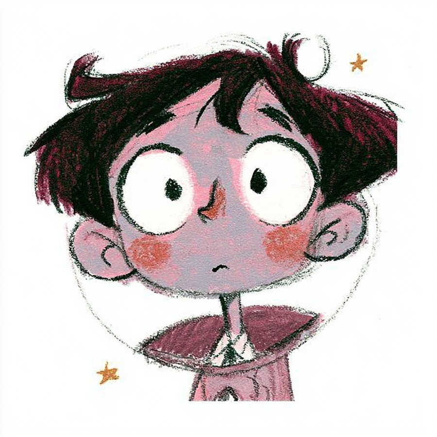 A children's illustration style character design of a 7-year-old boy with short dark hair, large eyes, and rounded cheeks, wearing a simple astronaut helmet and a coat, surrounded by small stars.