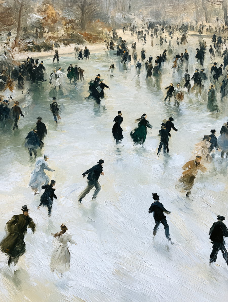 An impressionistic painting depicting numerous people skating on a frozen pond in a park, wearing various period clothing. The scene is lively, with people in black and colorful outfits, surrounded by trees and a winter atmosphere.