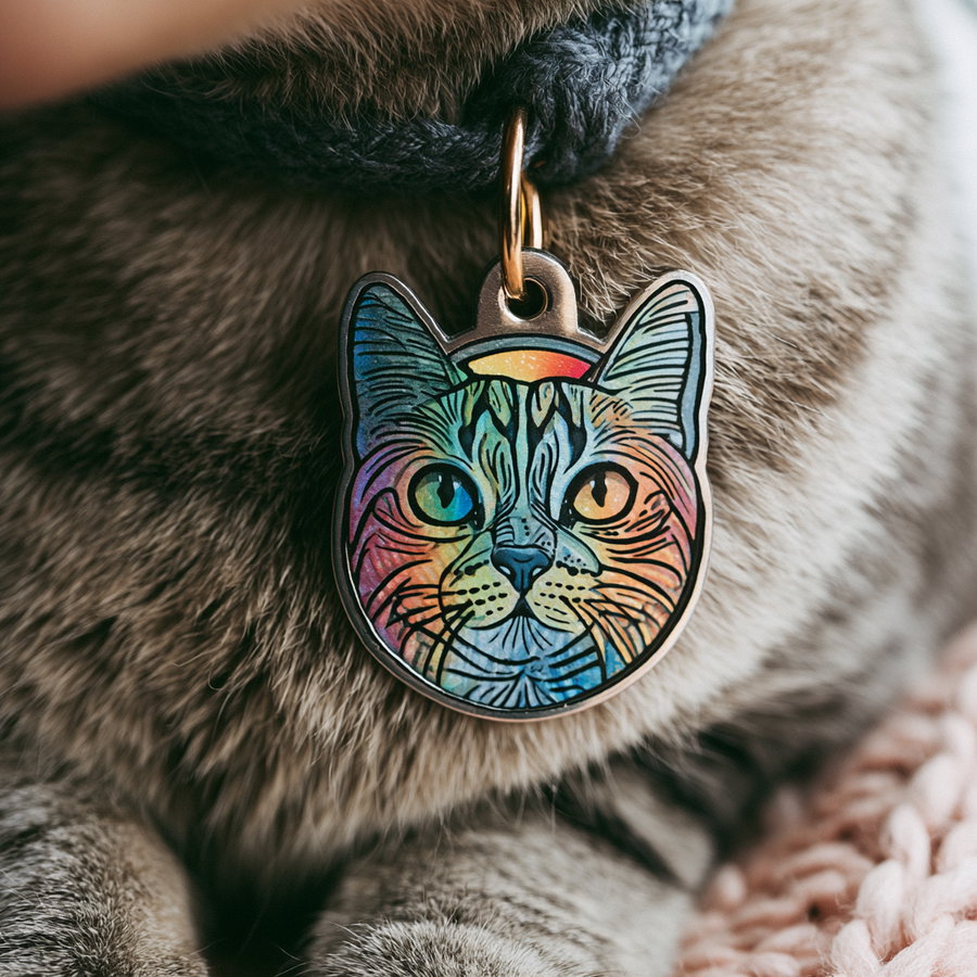 A close-up of a cat with a vibrant, artistic pet tag shaped like a cat's face, lying on a soft textured surface.